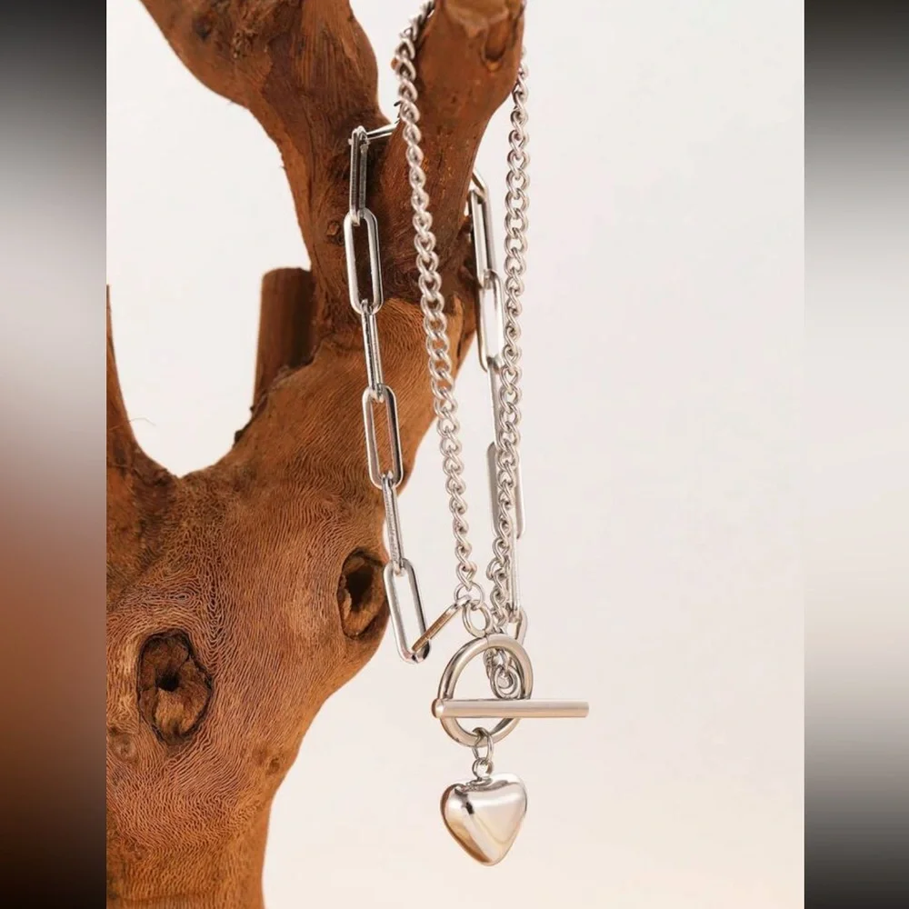 Silver Tone Heart Paperclip Chain Stainless Steel Bracelet - Picture 4 of 5